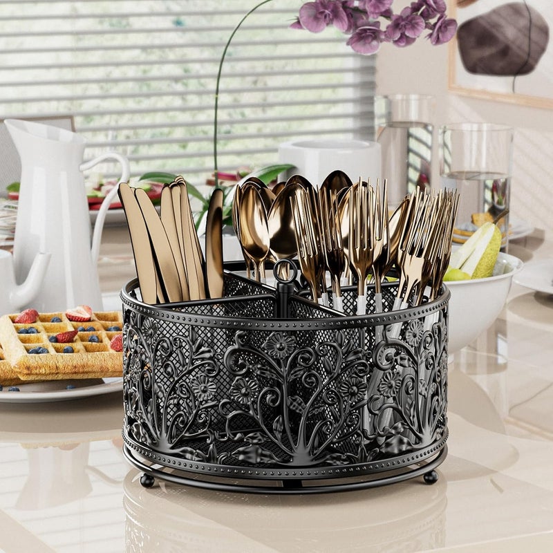 YIUKEA 360° Rotating Utensil Caddy - Silverware Cutlery Caddy Holder with 4 Compartment, Metal Flatware Organizer Countertop with Handle for Party Camping Picnic, Kitchen Counter, Office (Black) - Image 2